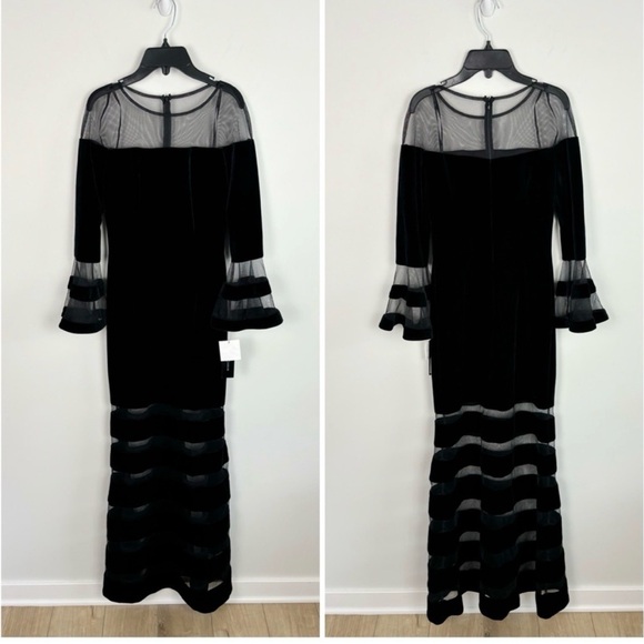 Betsy and Adam Women's Bell Sleeve Striped Mesh Velvet Gown Black Size 2 - Picture 2 of 8
